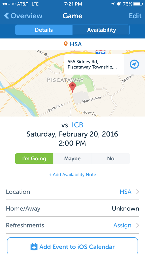 TeamSnap location and directions to a game