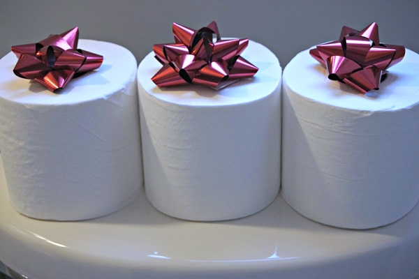 extra rolls of scott toilet tissue ready for guests in the guest bathroom