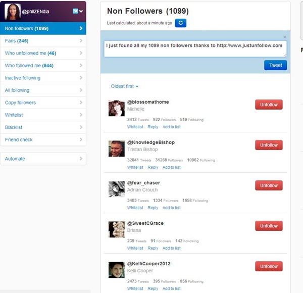 Screenshot of Justunfollow non followers screen