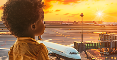 Children's Passport Requirements in the USA - A young Black boy with curly hair, wearing a mustard-colored shirt, gazes thoughtfully out of an airport window as the golden hues of a sunset light up the sky. In the foreground, a plane is parked at the gate, with the airport runway and additional aircraft visible in the background. The scene captures a moment of anticipation and wonder, evoking the excitement of travel and exploration
